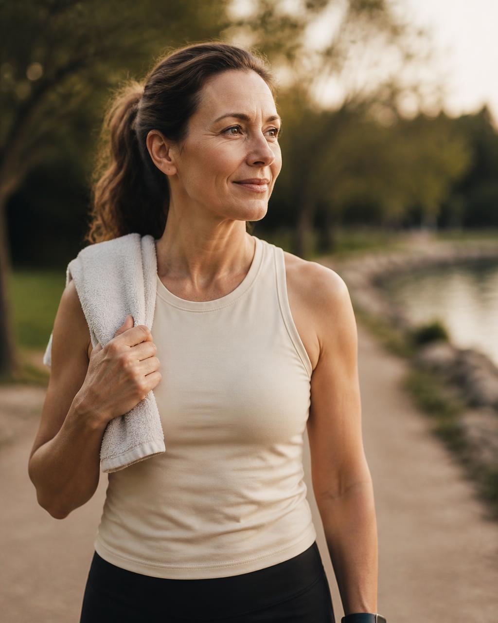 Mujer caminando al aire libre después de entrenar